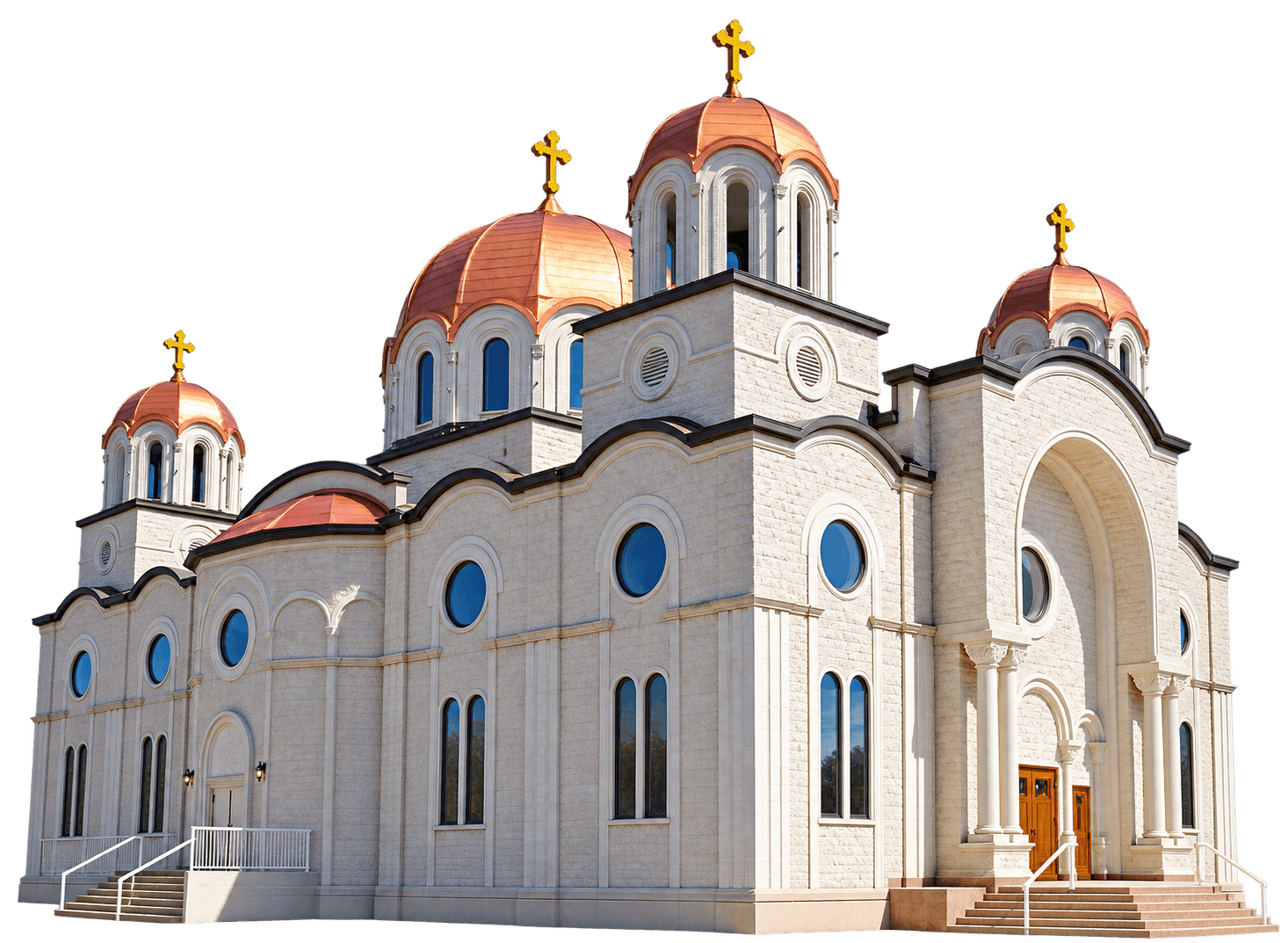 The stone arches, copper domes and Orthodox crosses of St. Elias Cathedral, Ottawa